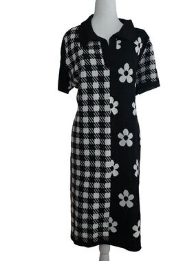 Cato Black and White Floral Plaid Polo Dress
